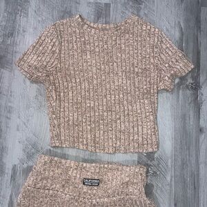 SHEIN Ribbed Knit Top and Bottom Set in Beige